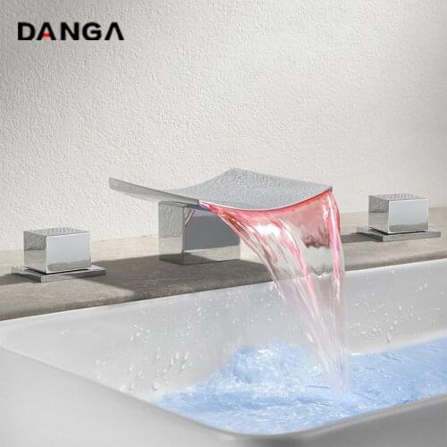 LED Basin Faucets Bathroom Tap Brass Bathtub Faucet Hot and Cold Mixing Tap Three-hole Bathroom Cabinet Waterfall Faucet