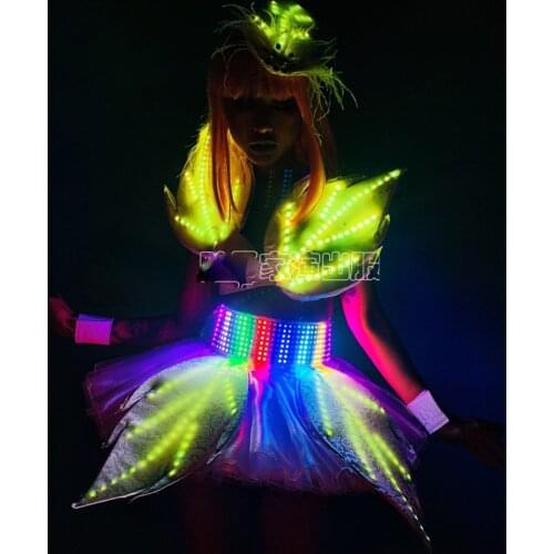 Technology Festive white LED light armor leaf skirt opening tour paradise costume party girl stage dance performance wear