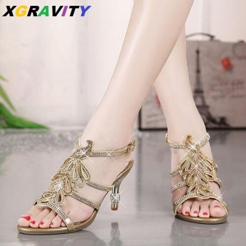 XGRAVITY Fashion Summer Shoes High Quality Rhinestone Designer High Heel Pumps Sexy Strap Designer Open Toe Sandals Elegant Shoe