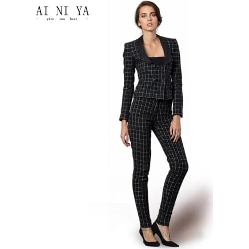 Women New Autumn Casual Plaid Two Pieces Office Lady Double Breasted Blazers &Pants Street Short Blazers Pants Suits