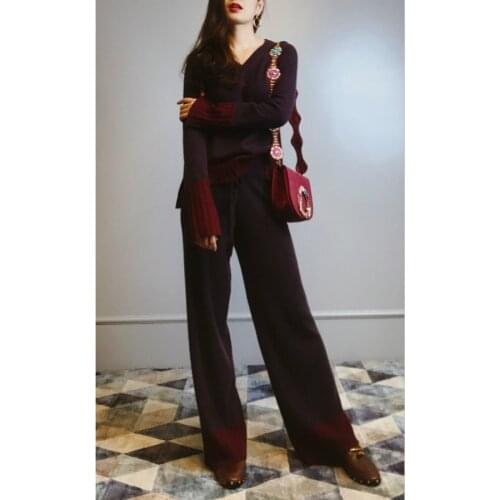 2020 Rushed New Arrival Wool Full Winter Cashmere Knit Suit Female Color Matching V-neck Sweater Wide Leg Pants Two-piece