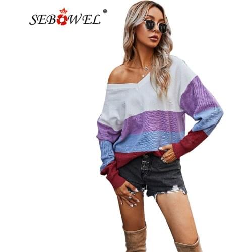 SEBOWEL Women’s Casual Striped Color Block Knit Sweater Autumn Winter Female Long Sleeve Crew Neck Loose Pullover Sweaters Tops