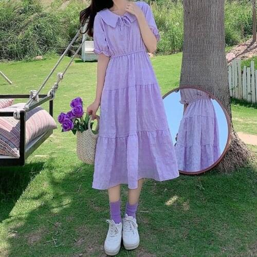 QWEEK Mori Girl Dress Womens Summer Sundresses Preppy Style Kawaii Cute Peter Pan Collar Dress 2021 White Dress Elegant Korean