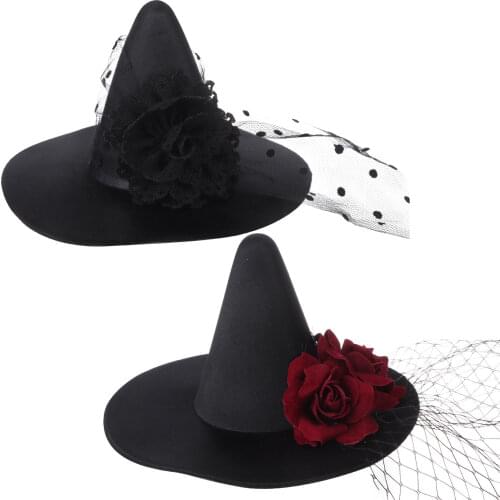 2Pcs Halloween Mini Witch Hat Hair Clip With Flowers & Lace Festival Barrettes Halloween Hair Accessories