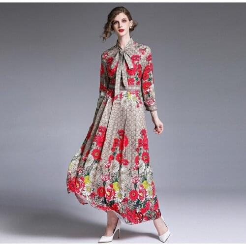 2020 Spring Summer Fall Runway Letter Floral Print Collar Ribbon Tie Neck Long Sleeve Women Party Casual Empire Waist Maxi Dress