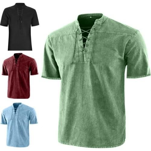 2021 Medieval Costume Adult Viking Pirate Top Shirt Costume Renaissance Mens Gothic Retro Cosplay Solid Long Sleeve Bandage Top