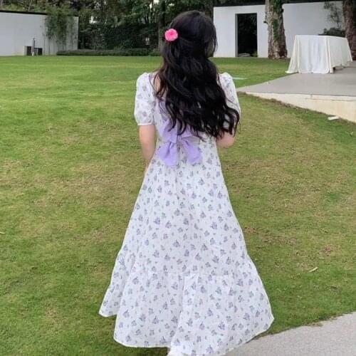 Bella 2021 Summer Sweet Floral Print Dress Elegant Kawali Bow Backless Casual Midi Dress Designer Vintage Holiday Party Dress