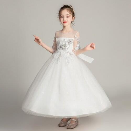 Ceremony White Bridesmaid Dresses Sequined Applique Flower Girl Wedding Dress For Girls Elegant Children Party Birthday Clothes