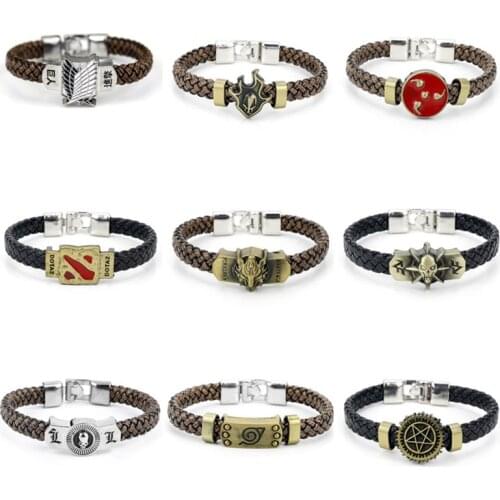 Anime Attack On Titan Bleach Black Butler Braid Leather Bracelets DOTA 2 Final Fantasy Alloy Bangles Wristband Cosplay