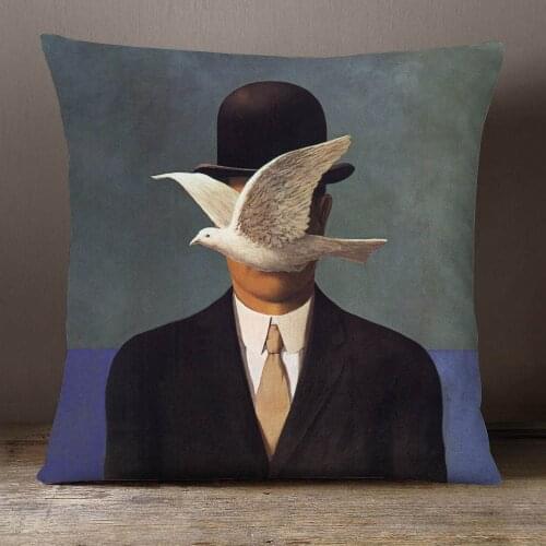 Man in a Bowler Hat Cushion Covers Surrealism Oil Painting Pillow Case 45X45cm Linen Polyester Sofa Decoration