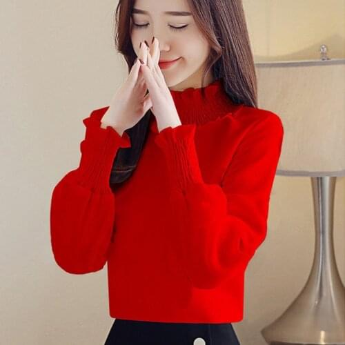 Spring Autumn Women vintage Turtleneck casual blouse shirt women Bottom chic blusas femininas Red White Blusas tops DD2270