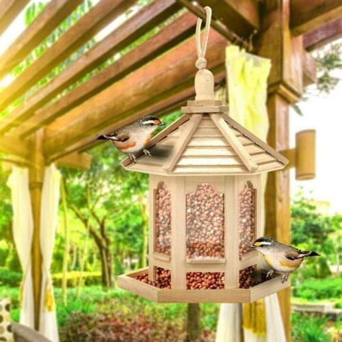Wooden Bird Feeder Hanging For Garden Yard Decoration With Roof Shaped Hexagon H1M3