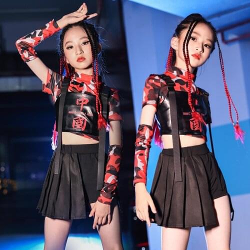 Kids Jazz Dance Costume Girls Cheerleader Performance Outfits Hip Hop Camouflage Clothing Ballroom Street Dancing Wear DNV15176