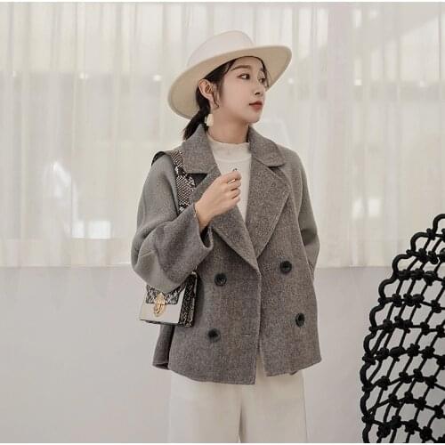 Double Breasted Wool Coat Women Short Alpaca Oversized Coat Korean Wool Jacket Spring Autumn Handmade Overcoat ZHJ5055 KJ6062