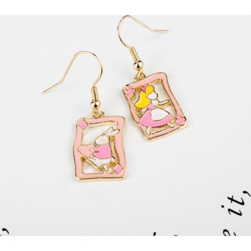 Cartoon Alice Wonderland Enamel Earrings Princess Heart Rabbit Bunny Asymmetric Pendant for Women Girl Children Party Gift