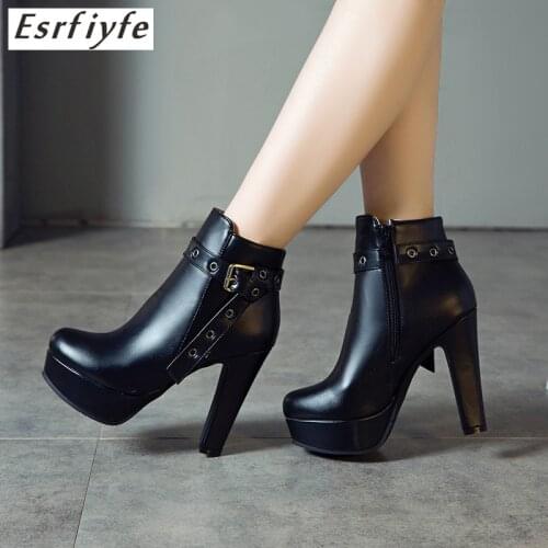ESRFIYFE 2021 New Boots Women Autumn Ankle Boots for Women High Heel Zipper Casual Female Shoes Leather Boots Large Size 34-50