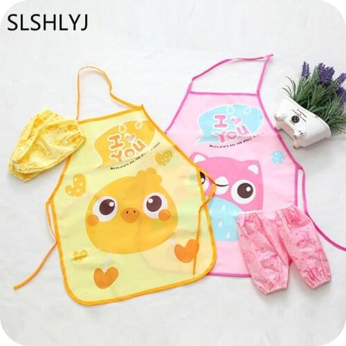 SLSHLYJ 1Set New Child Kid Cartoon Owl Apron Cuff Kit Kitchen Art Baking Painting Pinafore+Arm Sleeve PE PVC Waterproof Aprons