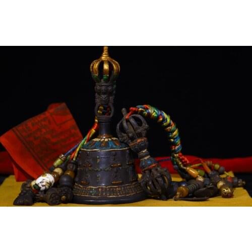 8"Tibet Temple Collection Old Bronze Tracing carving Sakyamuni Sitting Buddha Rattle Bells Vajra set Pendant Town House