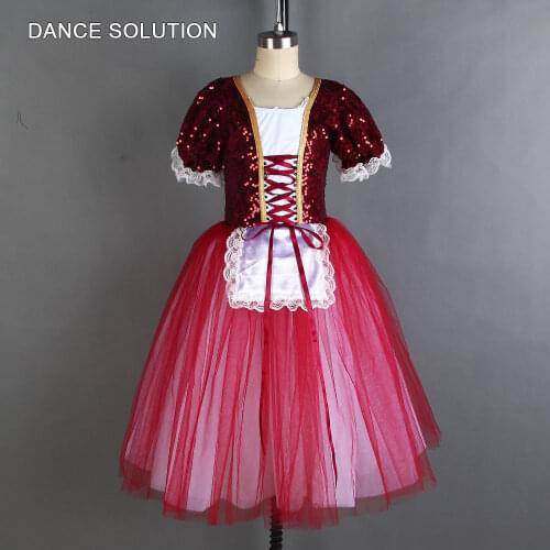 Burgundy Sequins Bodice Top Long Romantic Tulle Skirt Woman & Girl Stage Dance Dress Ballerina Performance Tutu Dancewear 19846