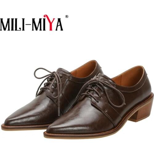 MILI-MIYA Fashion Pointed Toe Women Cow Leather Pumps Lace Up Thick Heels Office Career Spring Autumn Shoes Size 34-40 For Lady