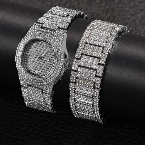 Hip Hop Men Bracelets Bling Iced Out Crystal Miami Chain Gold Silver Color Men Watch + Bracelet Set Luxury Hip Hop New Jewe