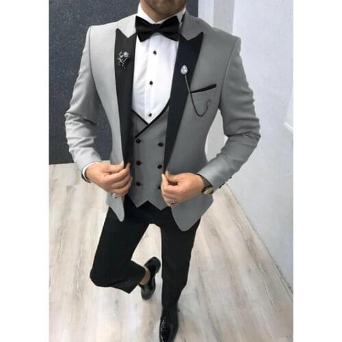 Custom Made Men Suits Light Grey and Black Groom Tuxedos Peak Lapel Groomsmen Wedding Best Man ( Jacket+Pants+Vest+Tie ) D28