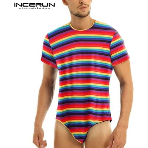 Men Short Sleeve Round Neck Romper Tee Tops INCERUN Fashion Colorful Striped Bodysuit T-Shirts Man Fitness Sexy Camisetas 5XL 7