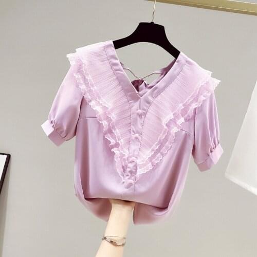 Summer new loose and thin V-neck ruffled shirt short-sleeved single-breasted chiffon shirt blouse female