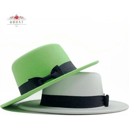 QBHAT Wholesale Vintage Wide Brim Unisex Artificial Wool Flat Top Boater Women Hats Fedora Felt Hat with Bowknot Ribbon Band