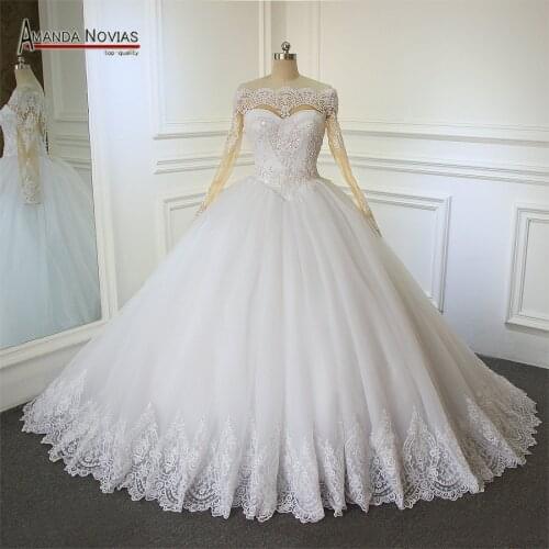 Luxury Full Beading Wedding Dress 2019 Real Photos Long Sleeves Lace Bridal Dress