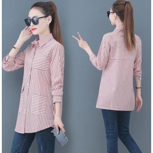 Cotton striped shirts women blouses summer casual loose pockets spring autumn long-sleeved tops fashion Korean style clothes