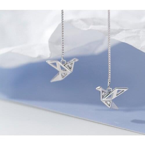 Threader Earrings with Origami Crane Bird Birthday Christmas Gift Box Chain Line Earrings Paper Crane Style Jewellery Silvertone
