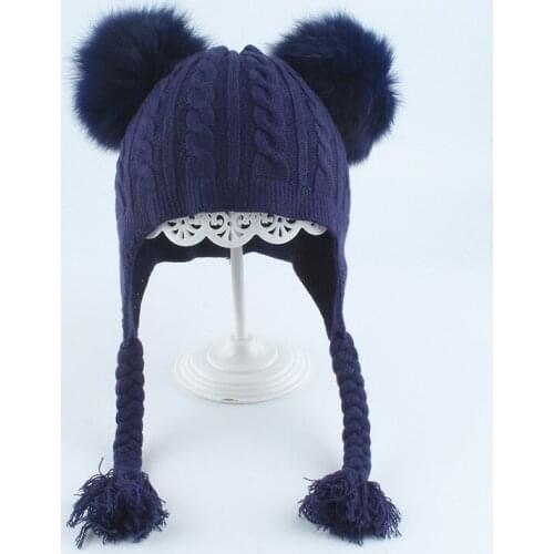 Girl Hat Winter Earflap Two Real Fox Pompom Angora Knit Beanie Autumn Skiing Outdoor Accessory