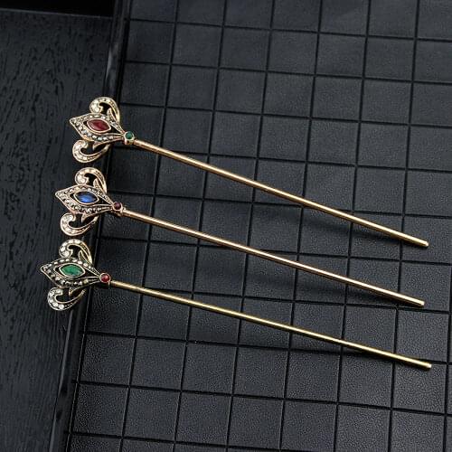 Sunspicems Vintage Turkish Hairstick Hairpin for Women Retro Gold Color Boho Crystal Wedding Hair Jewelry Gift
