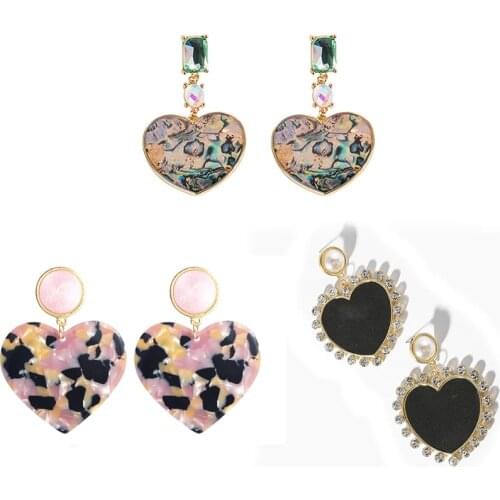 Bohemian Multicolor Acrylic Lovery Heart Dangle Earring For Women Trendy Rhinestone Abalone Shell Statement Wedding Jewelry