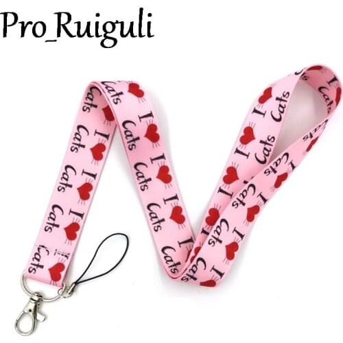 30pcs I love cat pink Neck Strap Lanyards ID badge card holder keychain Mobile Phone Strap Gift Ribbon webbing necklace fashion