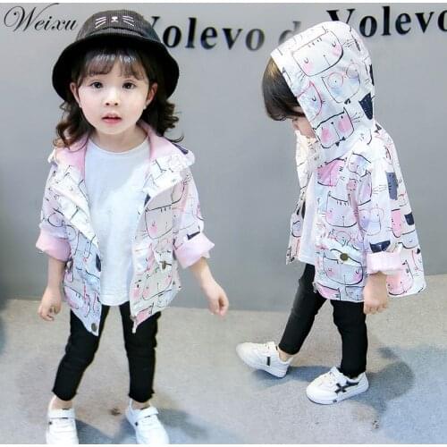 Weixu Jackets Coat for Girls Autumn White Hooded Cartoon Graffiti Childrens Windbreaker Jacket Clothes for Girls 1 2 3 4 5 Year
