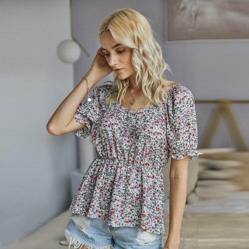 Square Collar Floral Print Blouse Shirt Short Top Summer Short Sleeve Casual Slim Elestic Waist Top Women Elegant Sweet Blouse