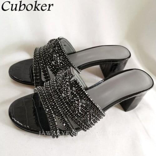 Brand Chunky Heels Rhinestone Slippers Women Peep Toe Bling High Heel Ladies Slides Summer Party Dress Sandalias Mujer Women