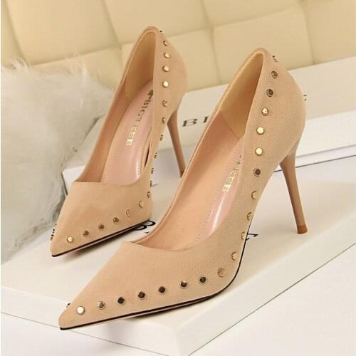 European and American style retro womens shoes with high-heeled suede shallow mouth pointed sexy slim rivet single shoes