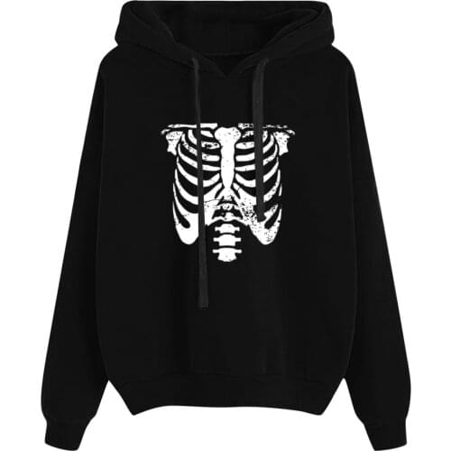 Funny Oversized Skull Print Hoodies Ladies Korean Fleece Crew Neck Pullover Classic Long Sleeve Sweatshirts Halloween Moletom