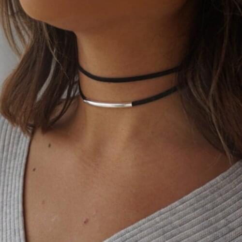 2019 New Fashion Bending Tube Velvet Choker Necklace Double Layer Style Torque Black Short Leather Necklace Charm Collier Femme