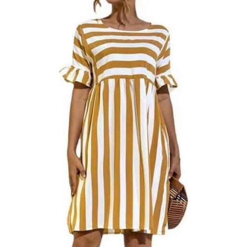 2021 Summer New Fashion Women Dress O Neck Striped Short Ruffle Patchwork Sleeve Loose Knee-length Dress Casual Ladies Vestidos