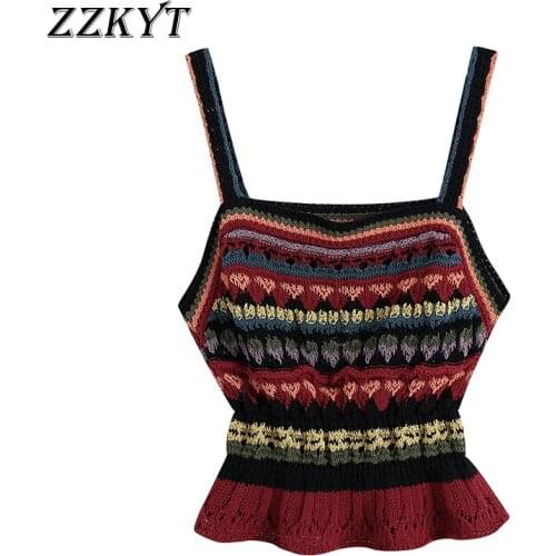 ZZKYT 2021 Women Summer Fashion Striped Crochet Cropped Knitted Tank Tops Vintage Sleeveless Backless Female Casual Chic Tops