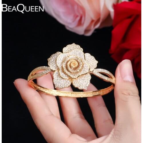 BeaQueen Nigerian African Gold Color Open Cuff Bangles Elegant Big Flower Micro Pave Cubic Zirconia Stone Women Jewelry B148