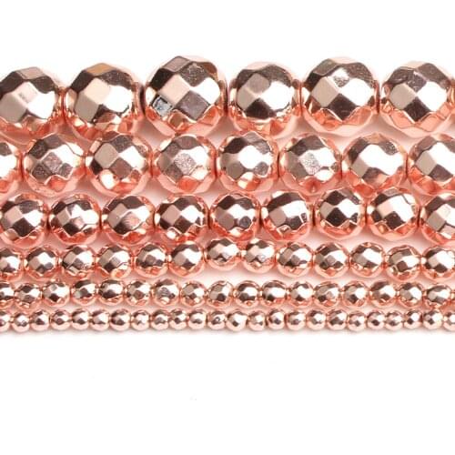 2/3/4/6/8/10mm Natural Facted Stone Beads Rose Gold Hematite Round Loose Beads For Accessories Jewellery Making 15 inches