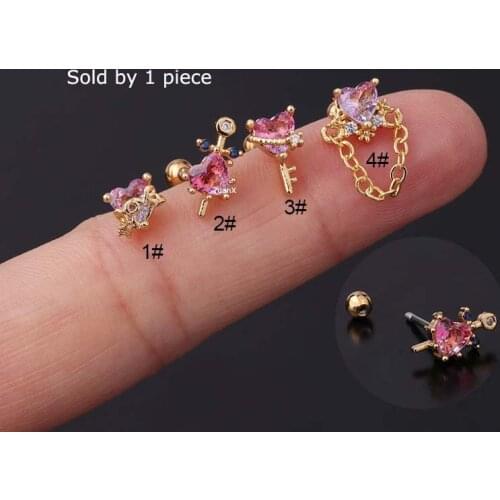 1 Piece COD Zircon Heart Shape Helix Tragus Piercing 20Gauge Barbell Earrings Stud Stainless Steel