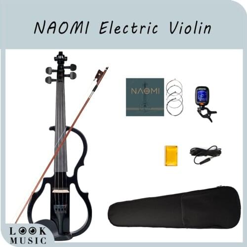NAOMI 4/4 Black Electric Violin Kit Full Size Electronic Violin w/Brazilwood Bow Rosin Headphone Audio Cable Case Student Violin
