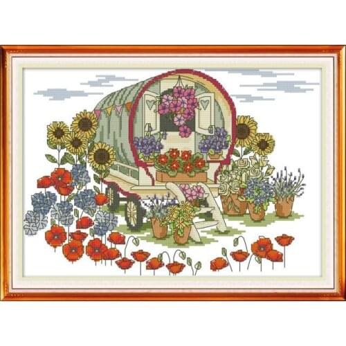 Flower Car Patterns Counted Cross Stitch Kits Sale 14CT 11CT Print on Canvas DIY Handmade Embroidery Needlework Sets Home Decor