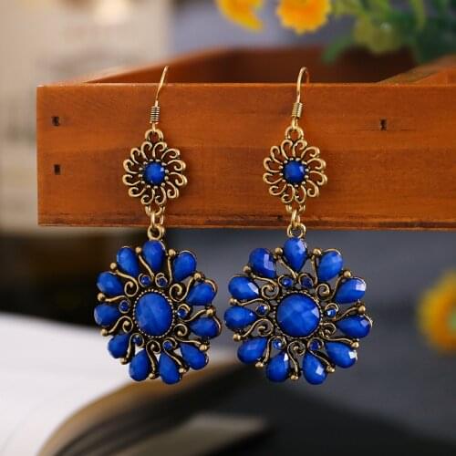 Gypsy Retro Blue Flower Stone Earring For Women Sun New Shape Gold Alloy Dangling Earrings Jhumka Indian Jewelry